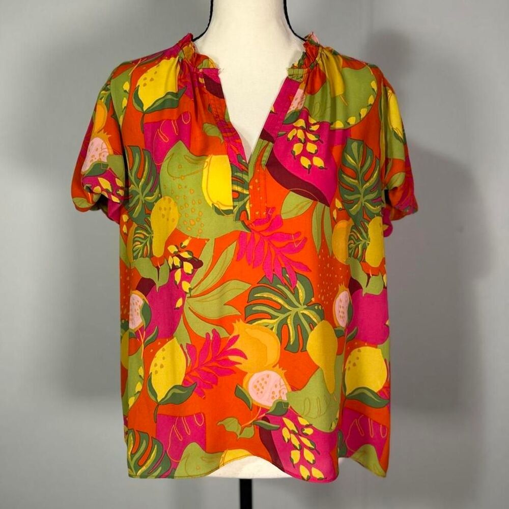 Rose + Olive Tropical Fruit Print Blouse Size M Bright Summer Top